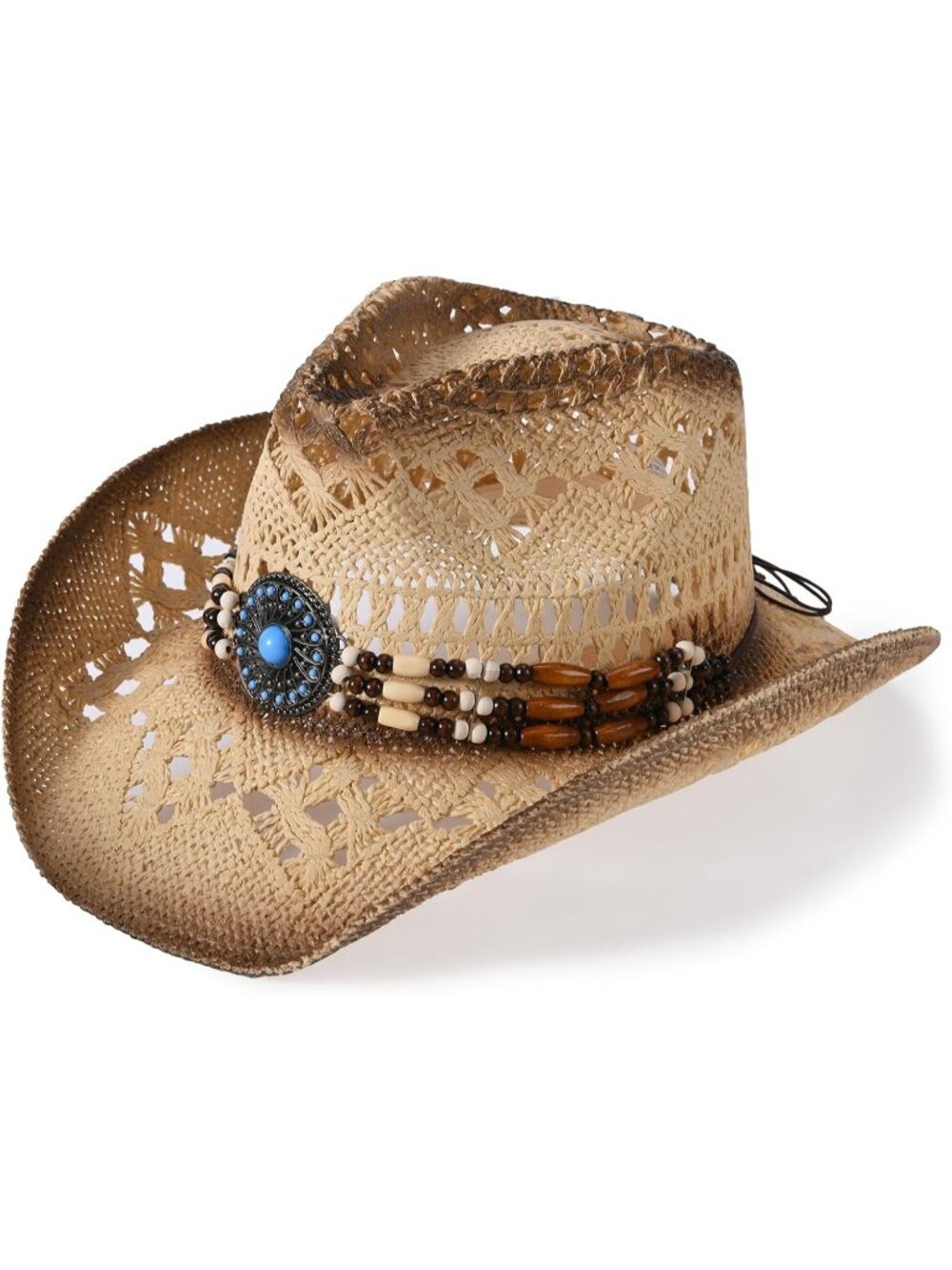 Unisex Beige Straw Wide Brim Summer Imported Cowboy Western Cowgirl Sun Hat